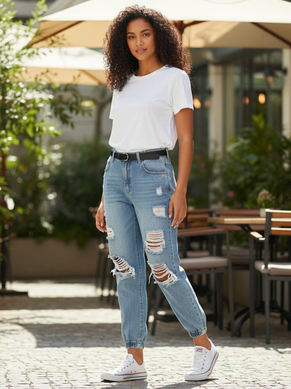 Shein Womens Large Light Wash Blue Distressed Destroyed Denim Jeans Jogger Pants